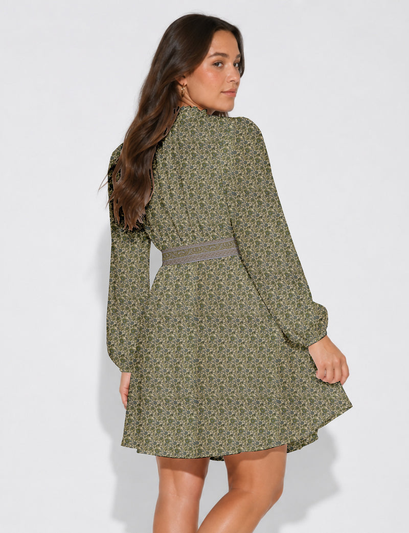 Swing dress with belt - Green Floral