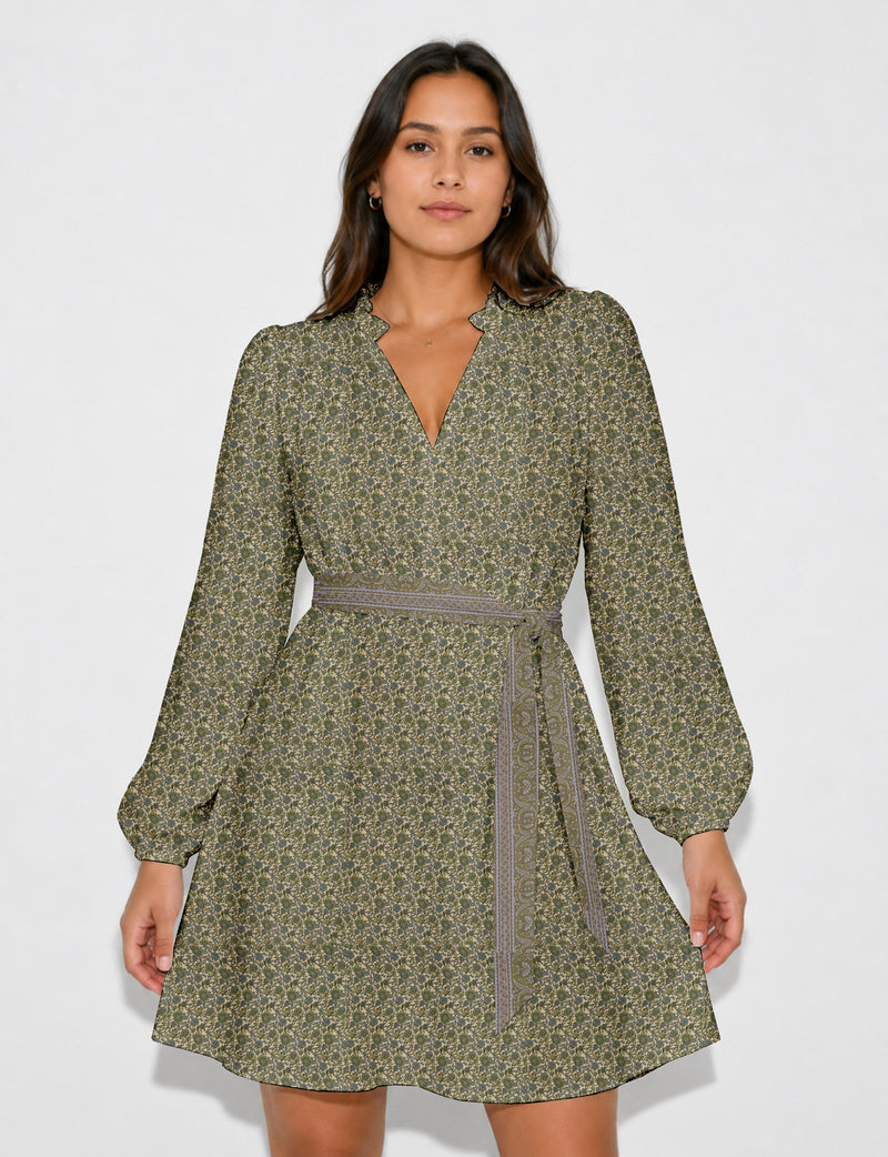 Swing dress with belt - Green Floral