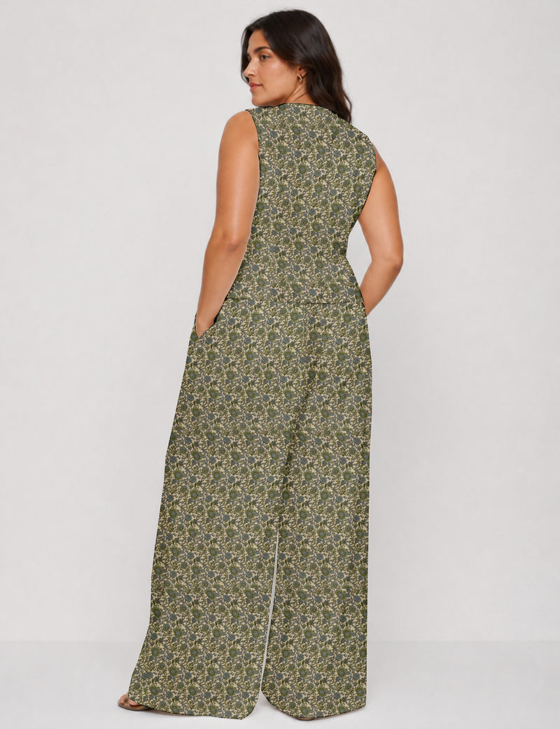 Women's tailored waistcoat set with a sleeveless V-neck button-front waistcoat and high-rise wide leg trousers in a coordinated matching outfit.