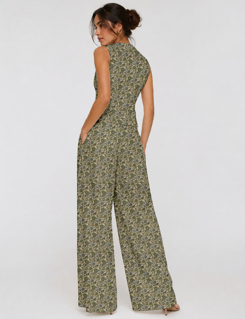 Women's tailored waistcoat set with a sleeveless V-neck button-front waistcoat and high-rise wide leg trousers in a coordinated matching outfit.