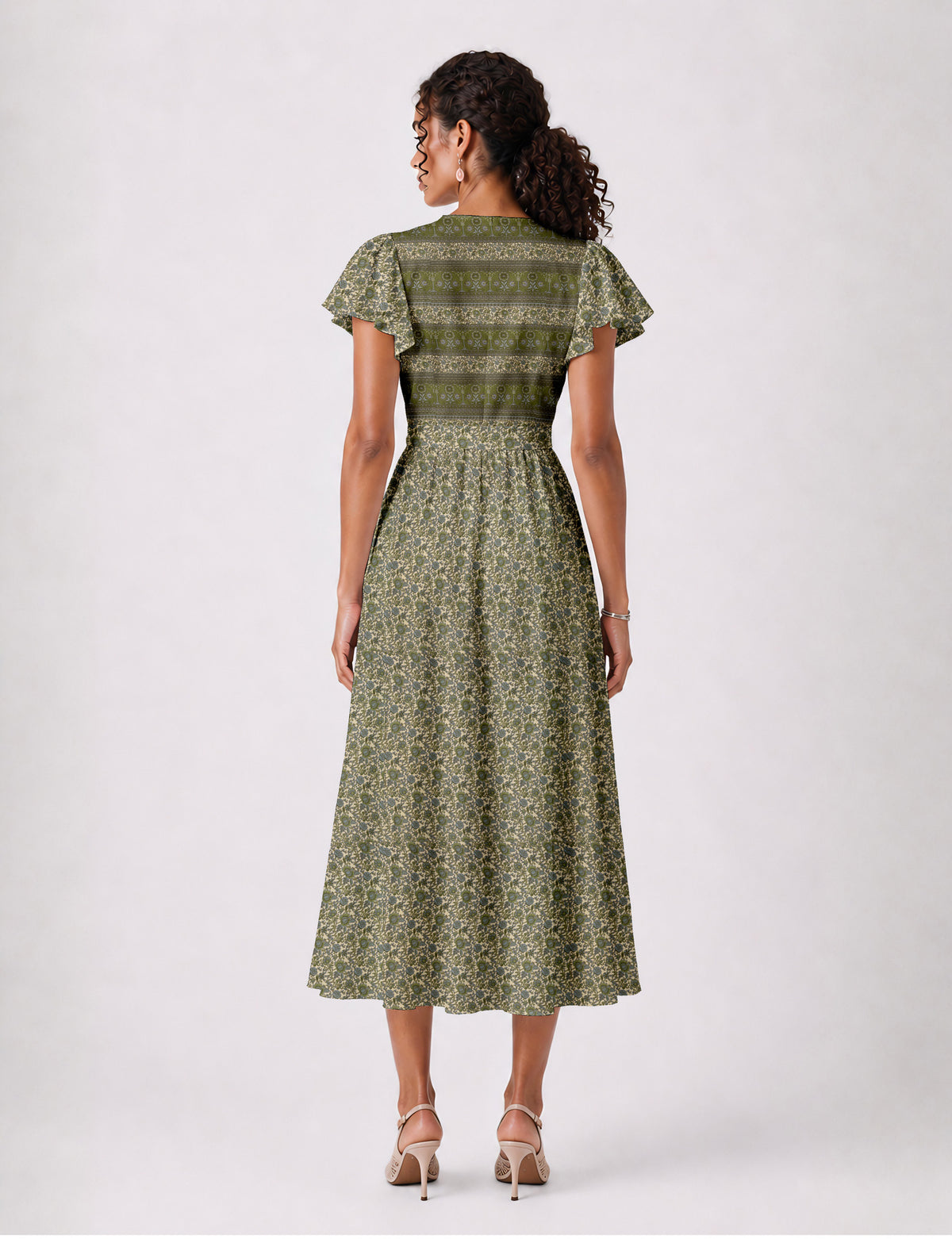 Elegant midi wrap dress with a V-neckline, adjustable waist tie, fitted bodice, and flared skirt for a timeless, flattering silhouette.