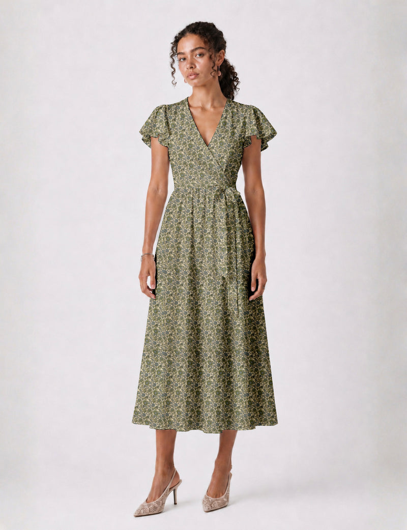 Elegant midi wrap dress with a V-neckline, adjustable waist tie, fitted bodice, and flared skirt for a timeless, flattering silhouette.