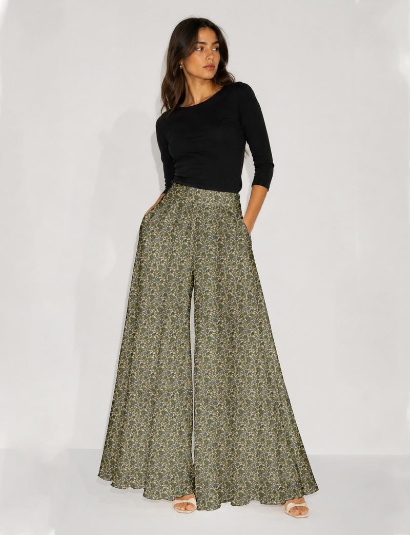 Wide Leg Palazzo Trousers - Green Floral