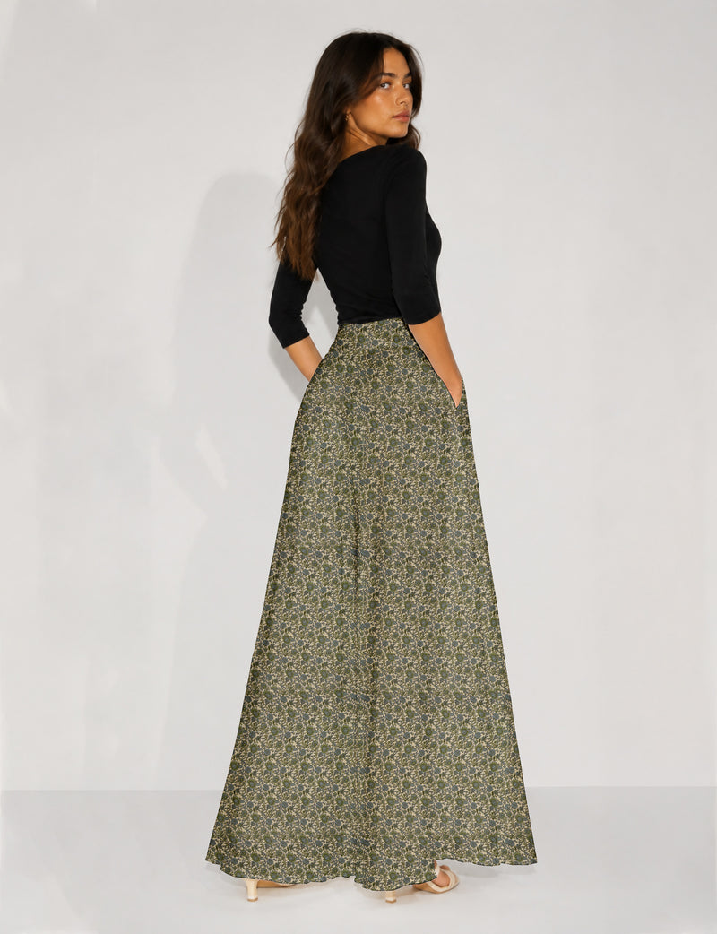 Wide Leg Palazzo Trousers - Green Floral