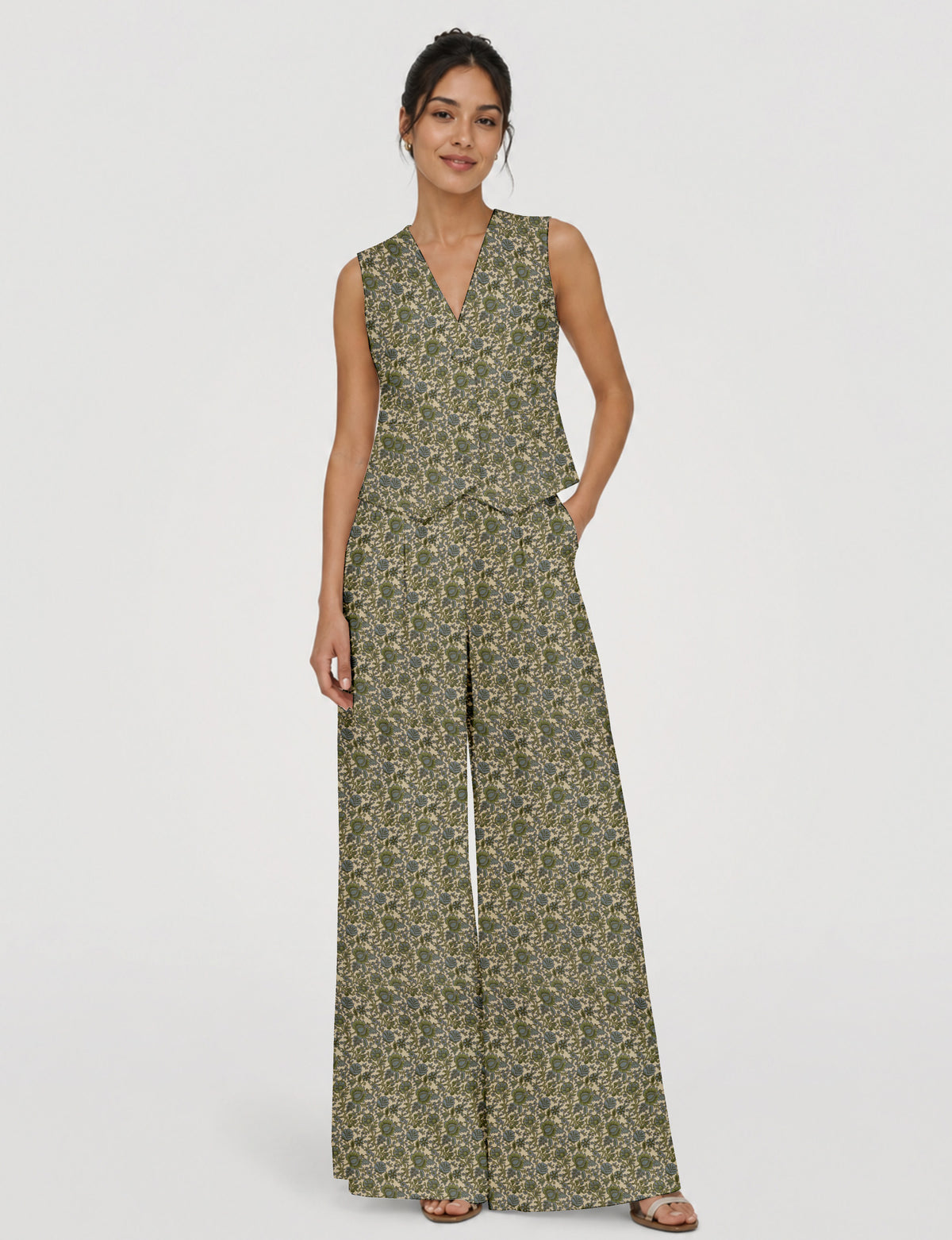 Women's tailored waistcoat set with a sleeveless V-neck button-front waistcoat and high-rise wide leg trousers in a coordinated matching outfit.