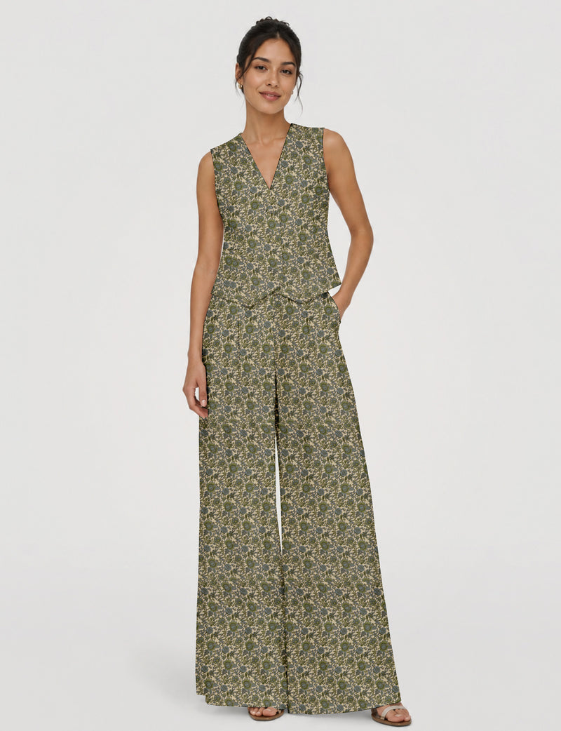 Women's tailored waistcoat set with a sleeveless V-neck button-front waistcoat and high-rise wide leg trousers in a coordinated matching outfit.