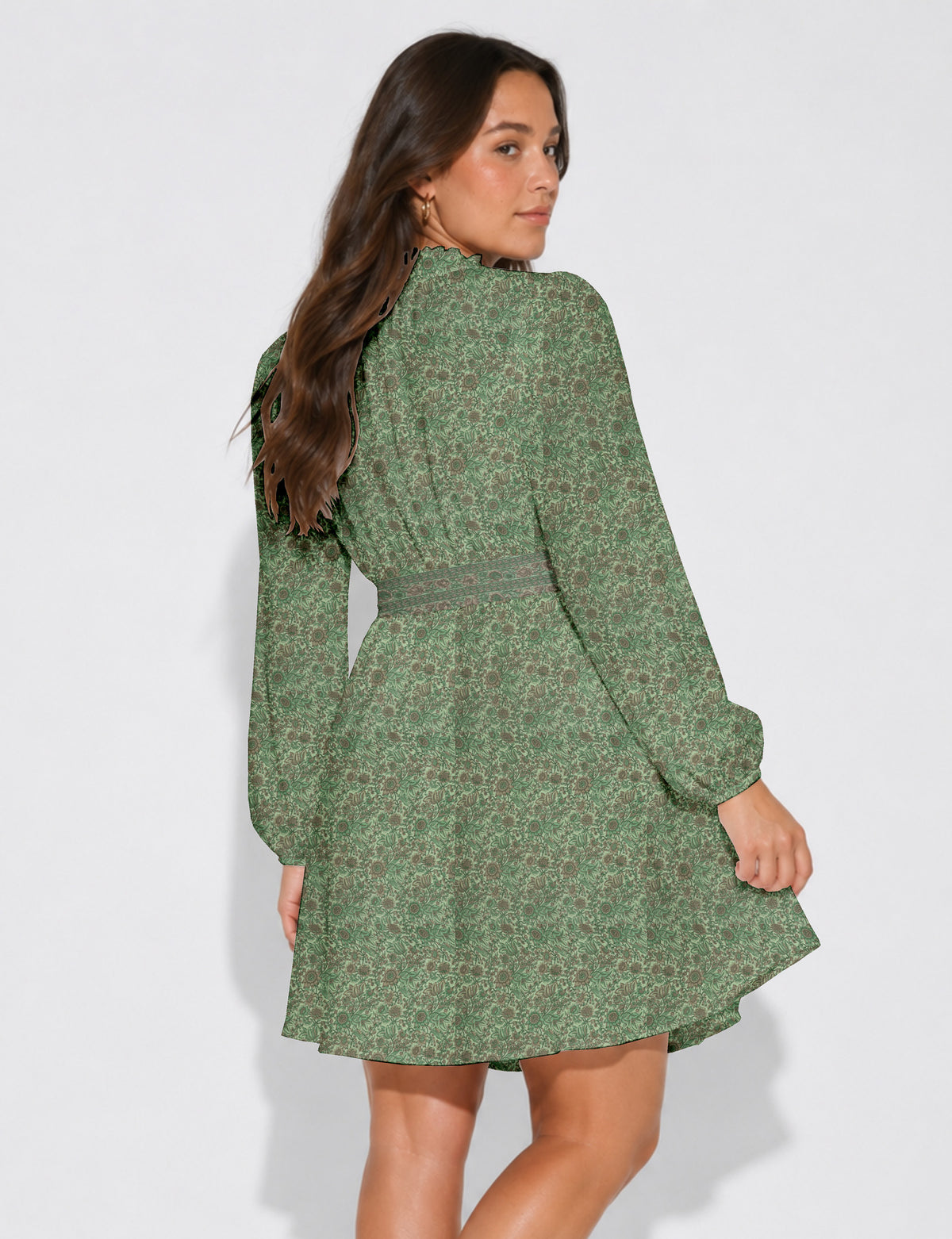 Swing dress with belt - Green Floral