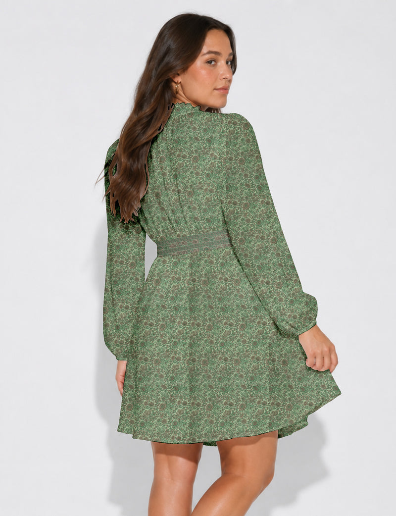 Swing dress with belt - Green Floral