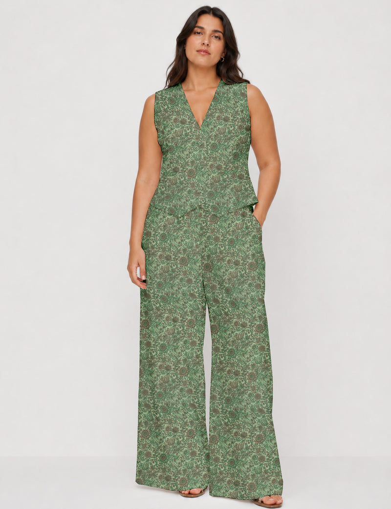 Women's tailored waistcoat set with a sleeveless V-neck button-front waistcoat and high-rise wide leg trousers in a coordinated matching outfit.