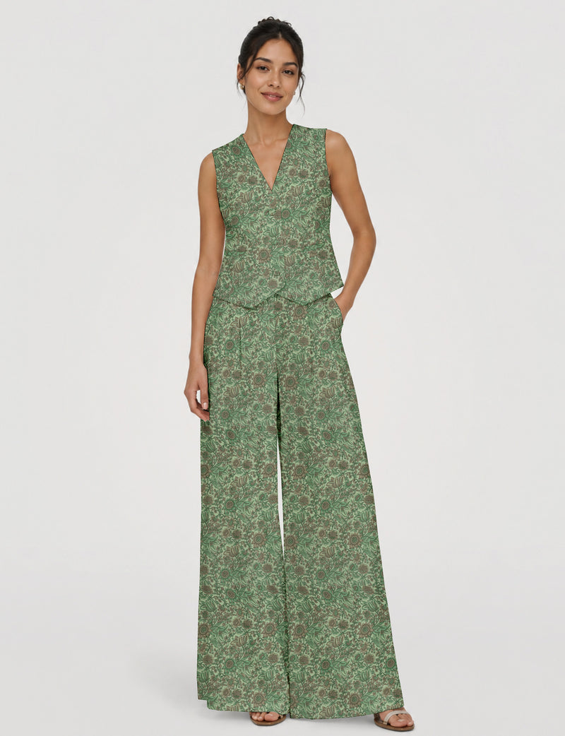 Women's tailored waistcoat set with a sleeveless V-neck button-front waistcoat and high-rise wide leg trousers in a coordinated matching outfit.