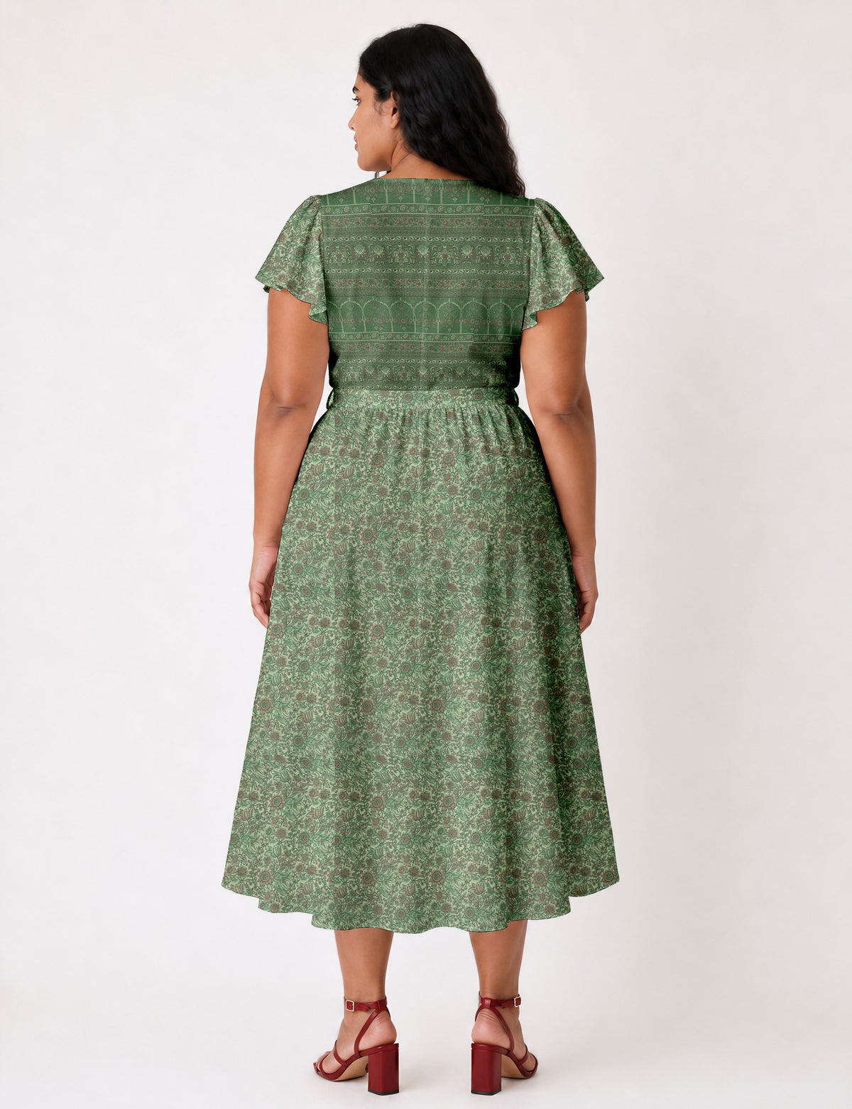 Elegant midi wrap dress with a V-neckline, adjustable waist tie, fitted bodice, and flared skirt for a timeless, flattering silhouette.