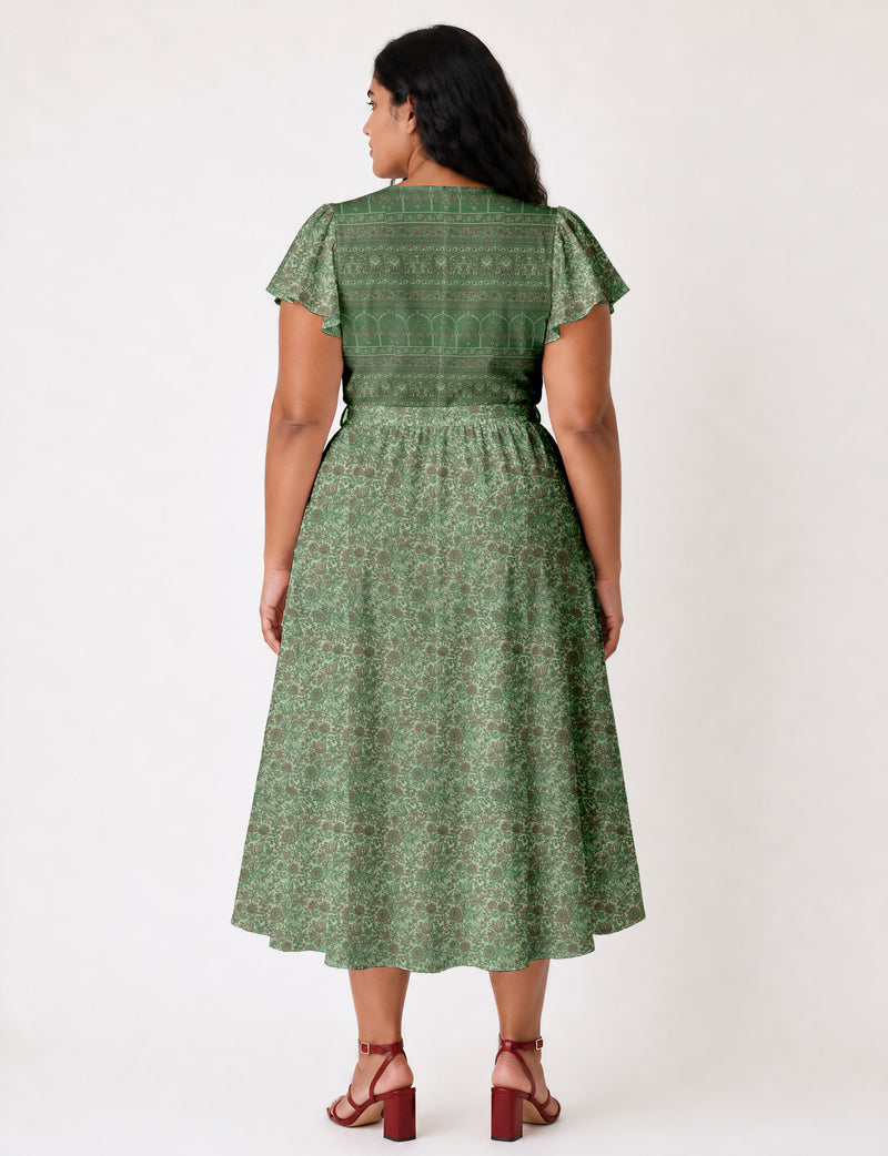Elegant midi wrap dress with a V-neckline, adjustable waist tie, fitted bodice, and flared skirt for a timeless, flattering silhouette.