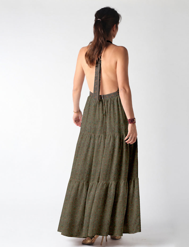 Maxi tiered dress by I was a Sari with halter neckline and flowy silhouette