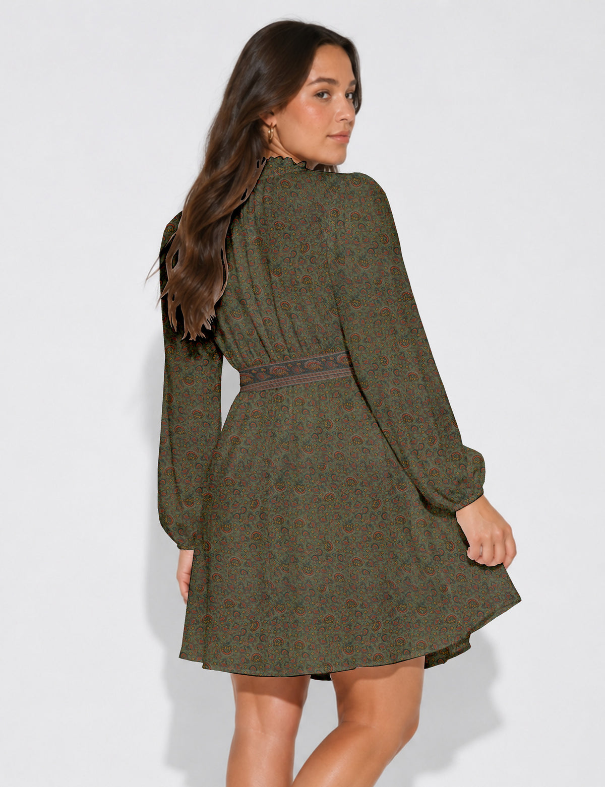 Swing dress with belt - Green Floral