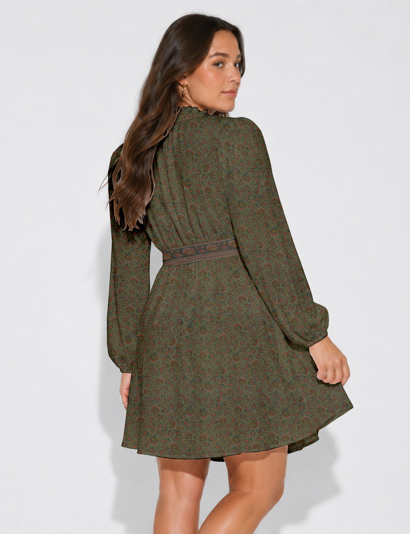 Swing dress with belt - Green Floral