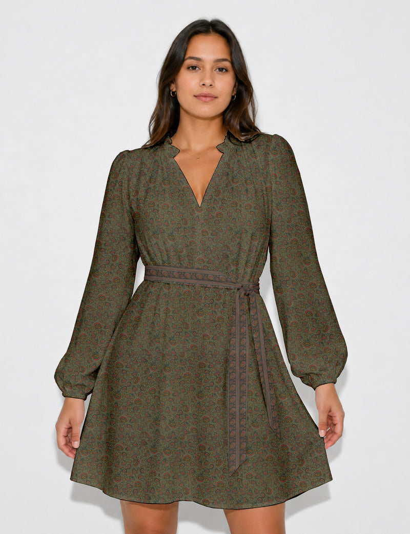 Swing dress with belt - Green Floral