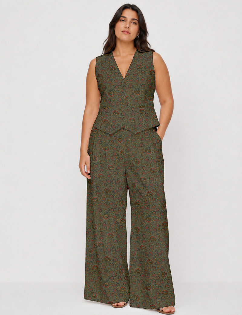 Women's tailored waistcoat set with a sleeveless V-neck button-front waistcoat and high-rise wide leg trousers in a coordinated matching outfit.