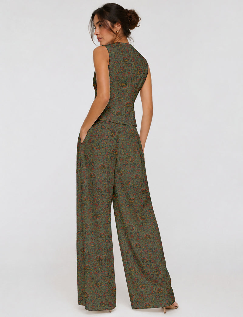 Women's tailored waistcoat set with a sleeveless V-neck button-front waistcoat and high-rise wide leg trousers in a coordinated matching outfit.