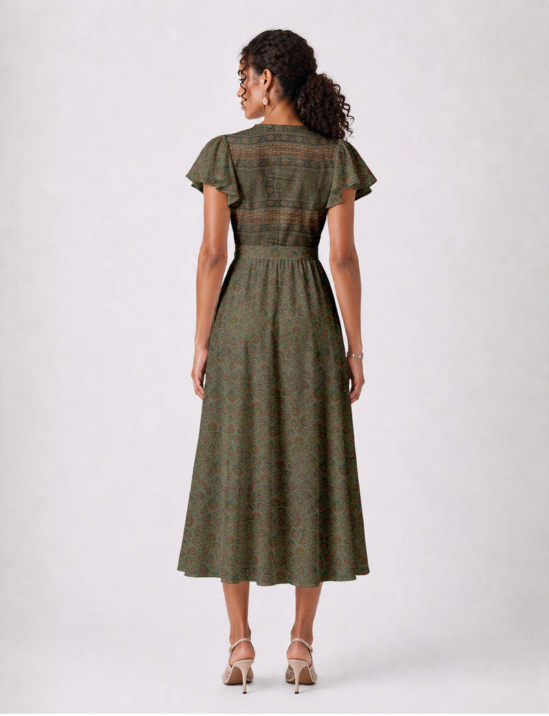Elegant midi wrap dress with a V-neckline, adjustable waist tie, fitted bodice, and flared skirt for a timeless, flattering silhouette.
