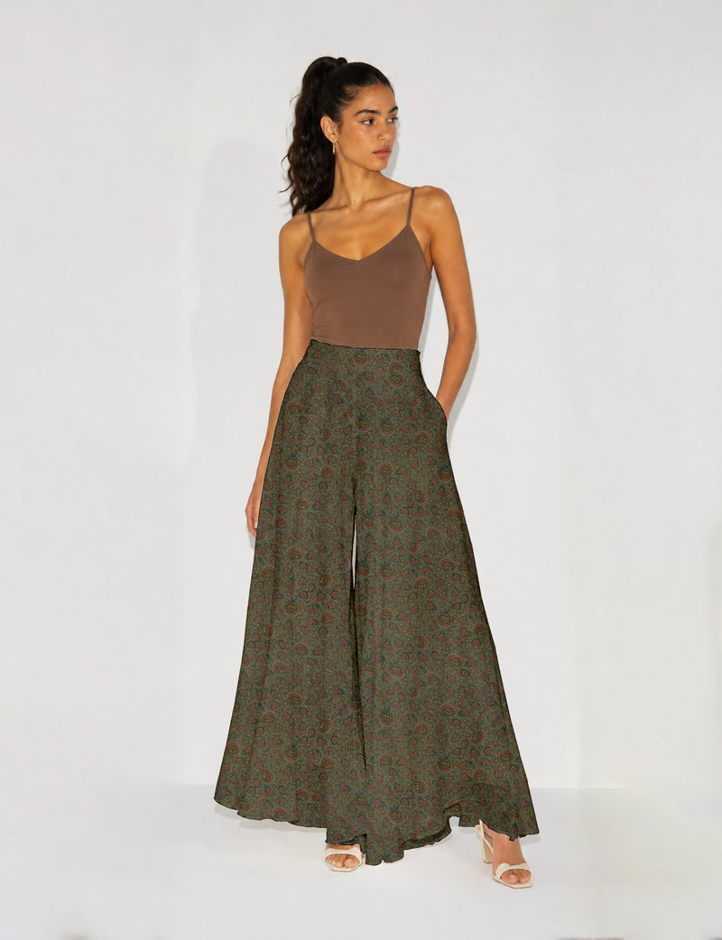 Wide Leg Palazzo Trousers - Green Floral