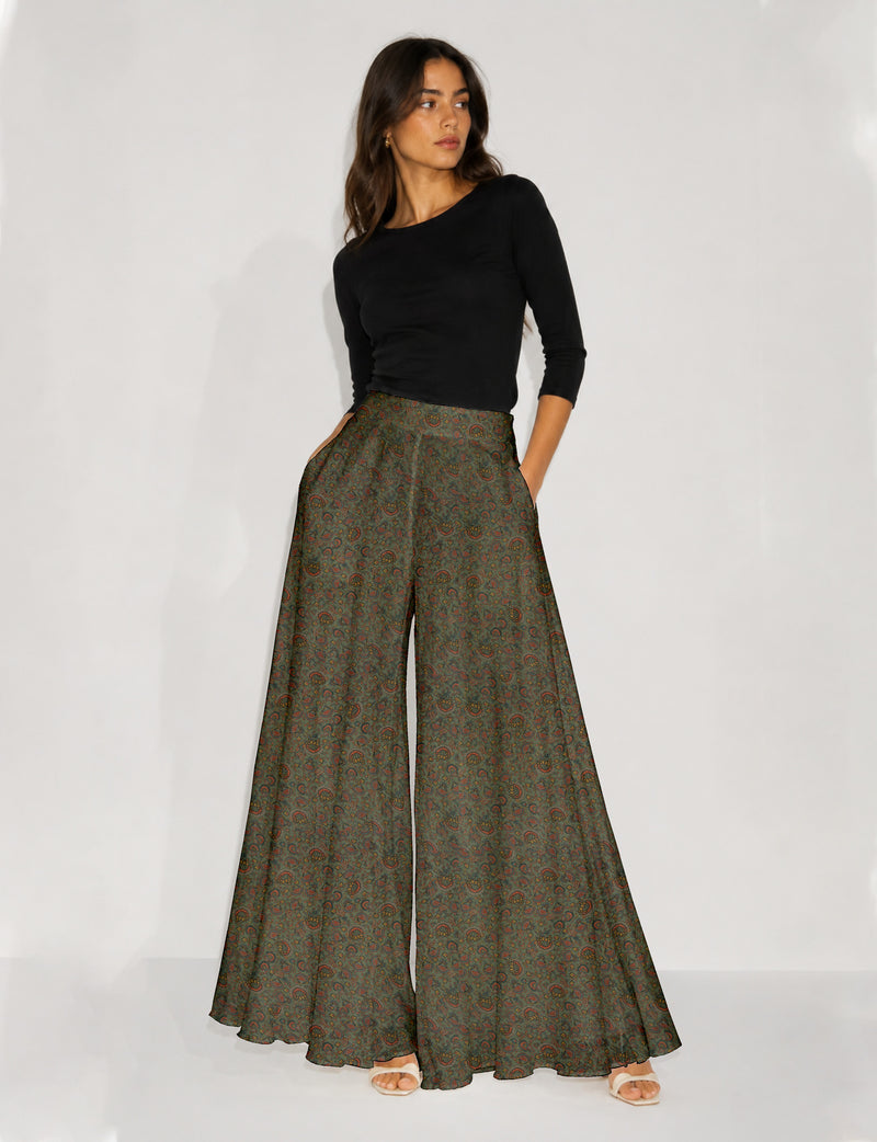 Wide Leg Palazzo Trousers - Green Floral