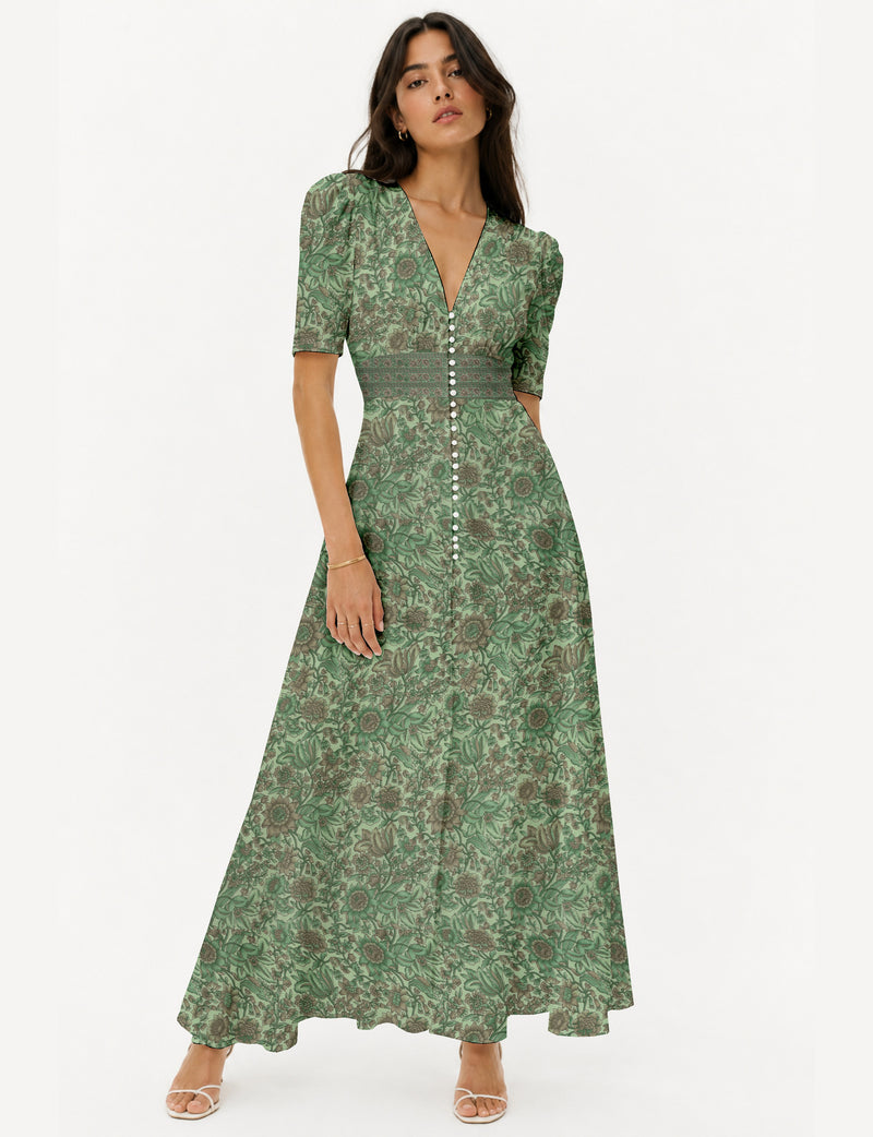 Maxi romantic dress - Green Floral