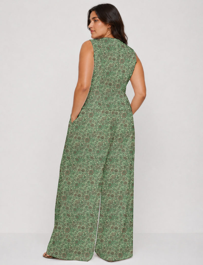 Women's tailored waistcoat set with a sleeveless V-neck button-front waistcoat and high-rise wide leg trousers in a coordinated matching outfit.