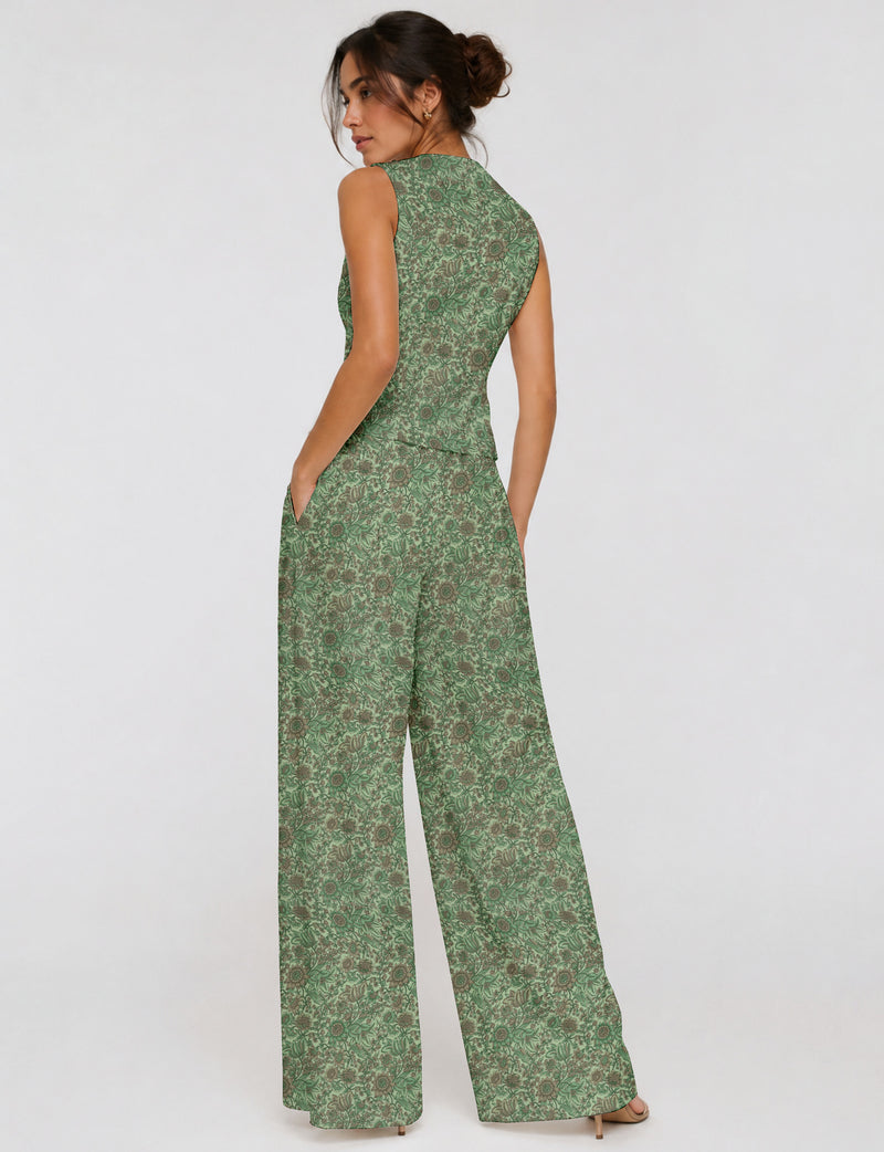 Women's tailored waistcoat set with a sleeveless V-neck button-front waistcoat and high-rise wide leg trousers in a coordinated matching outfit.