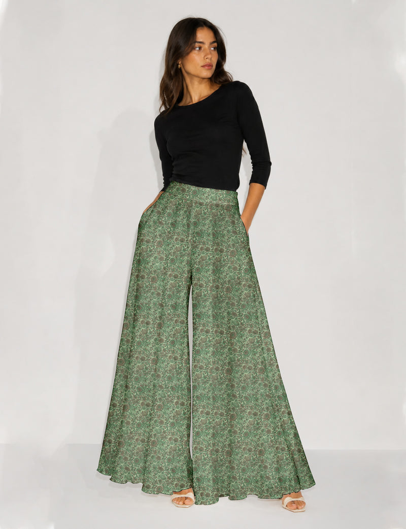 Wide Leg Palazzo Trousers - Green Floral