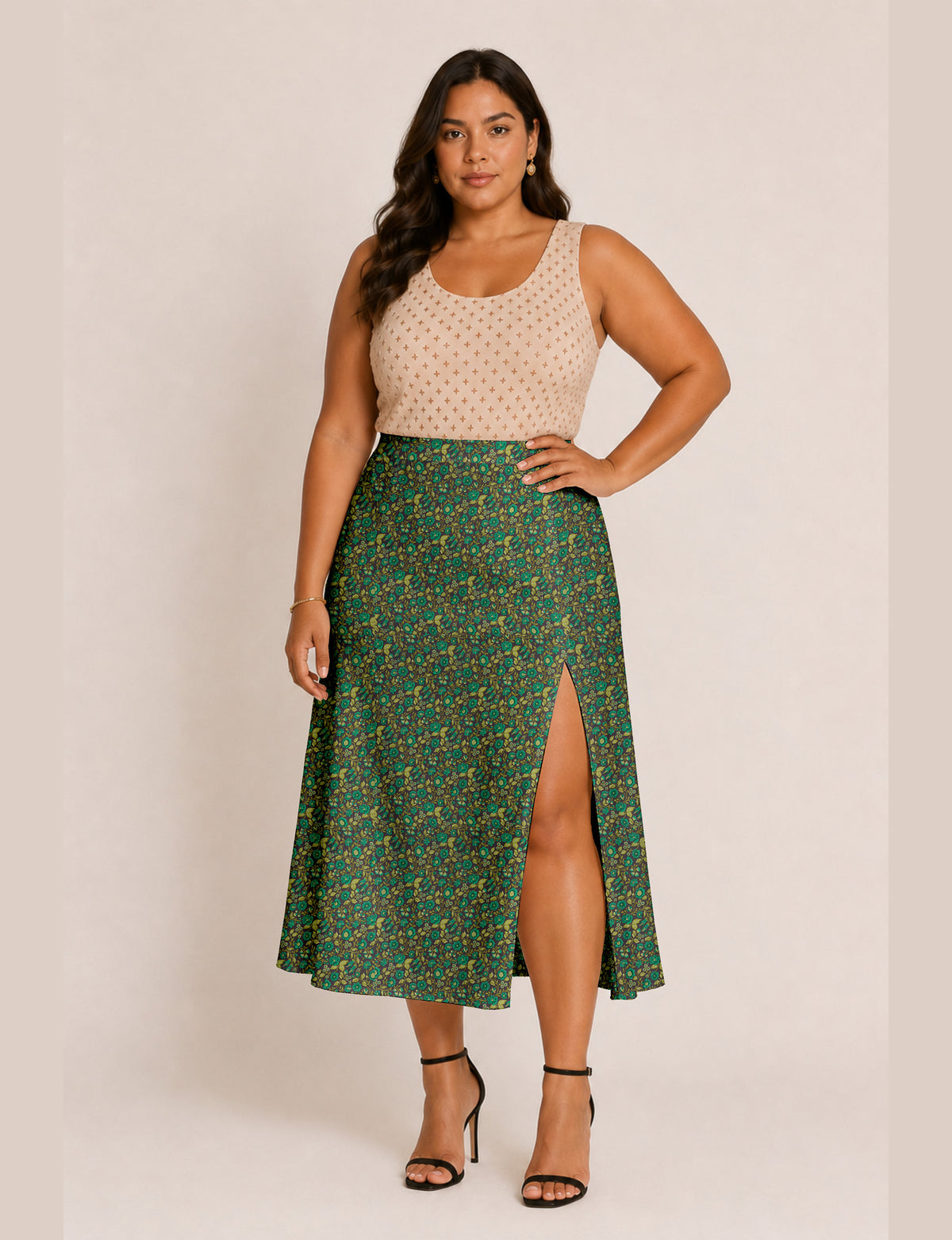 Falda línea A con abertura - Verde Floral