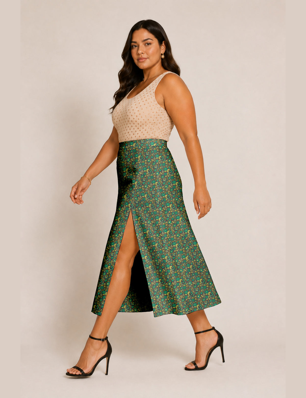 Falda línea A con abertura - Verde Floral