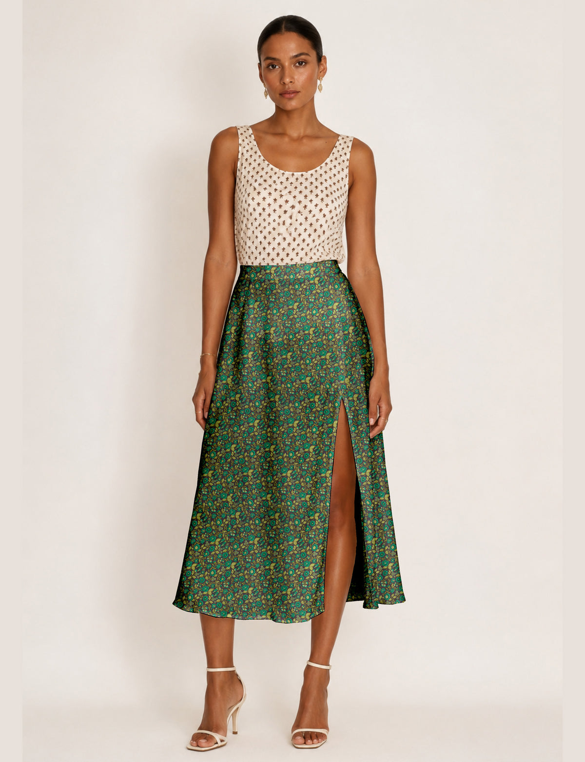 Falda línea A con abertura - Verde Floral
