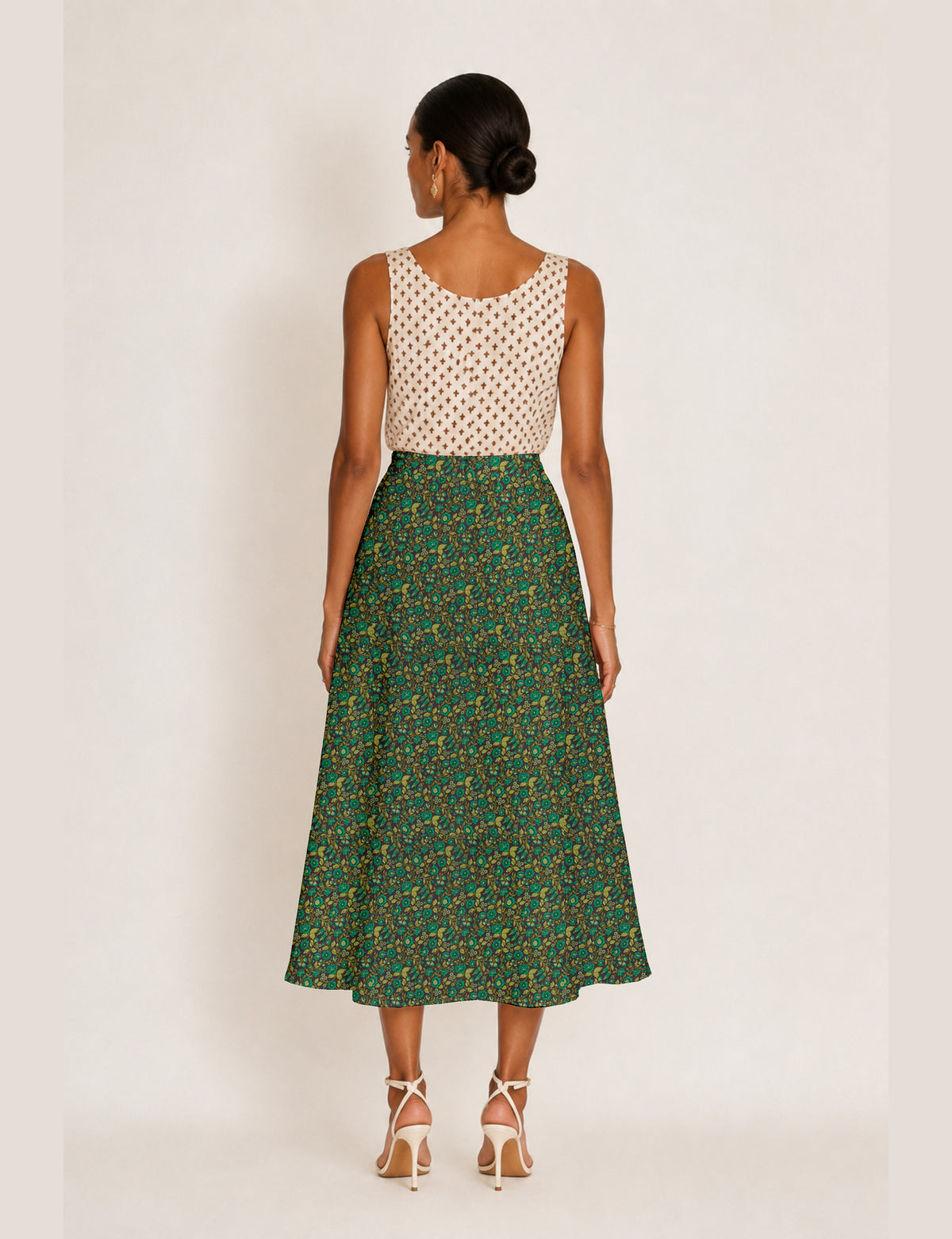 Falda línea A con abertura - Verde Floral