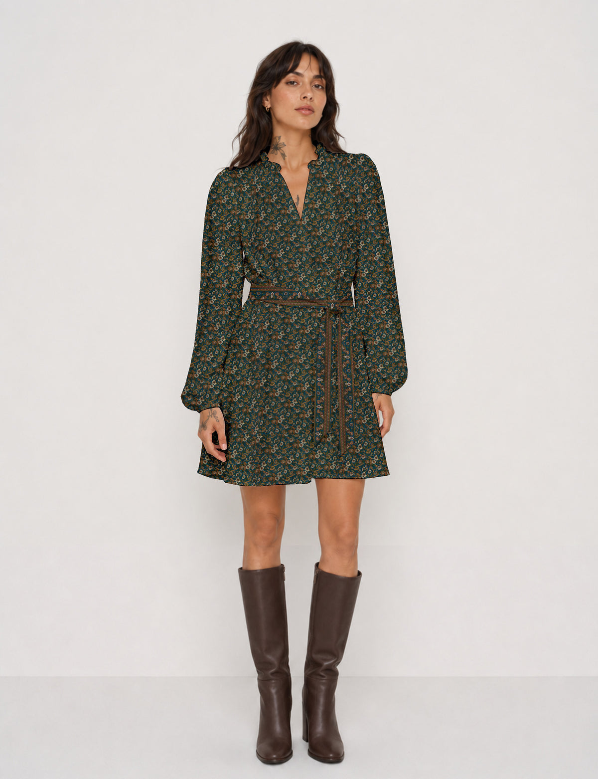 Swing dress with belt - Yellow Floral - Green Floral