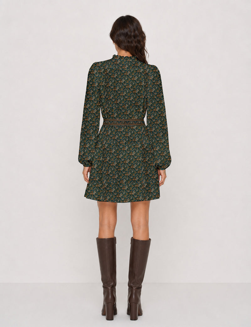 Swing dress with belt - Yellow Floral - Green Floral
