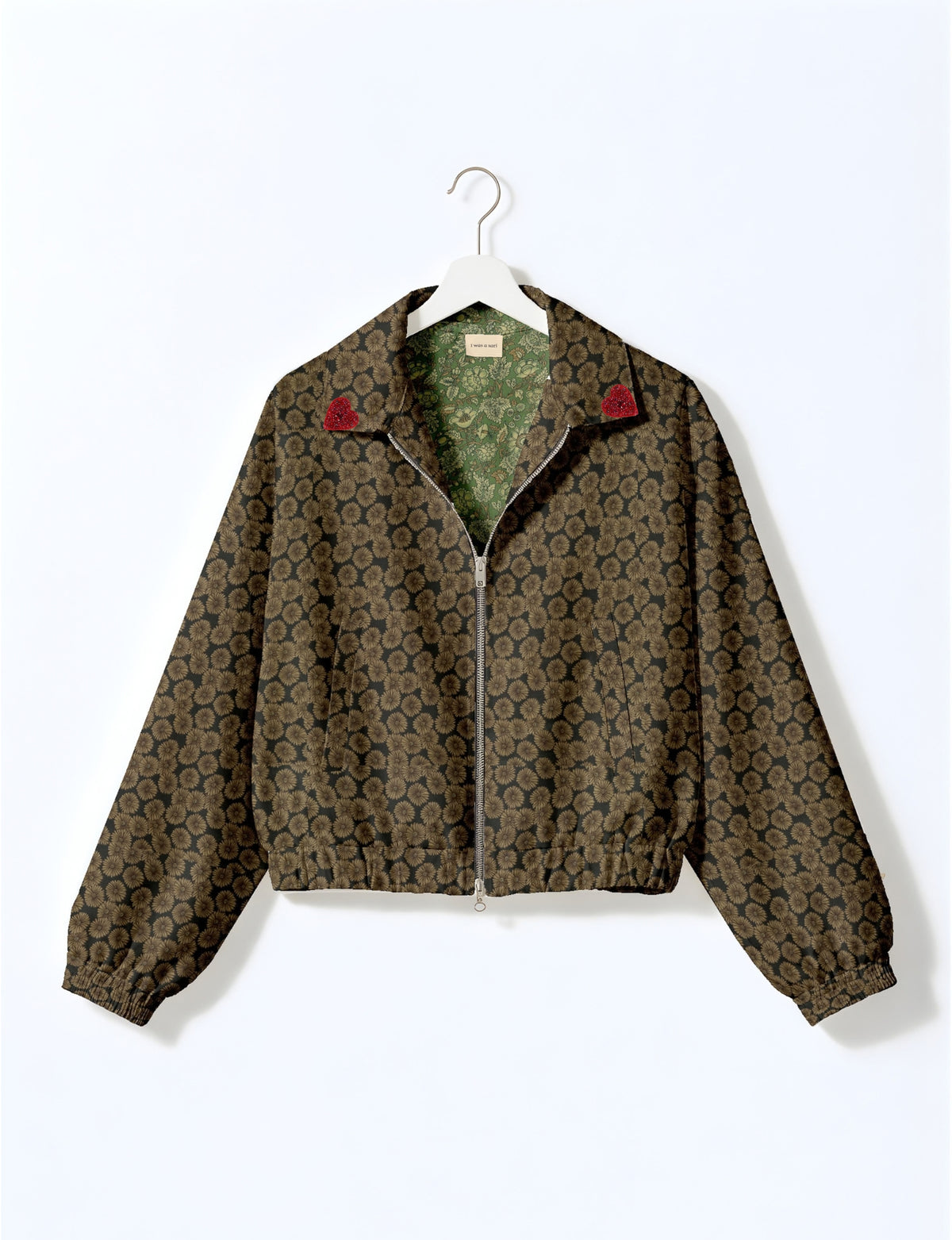 Love Bomber Jacket made from recycled fabric, featuring hand-stitched Aari embroidery. A unique piece of zero-waste clothing, part of the circular fashion movement. Designed with upcycled materials for a stylish yet environmentally friendly clothing choice.