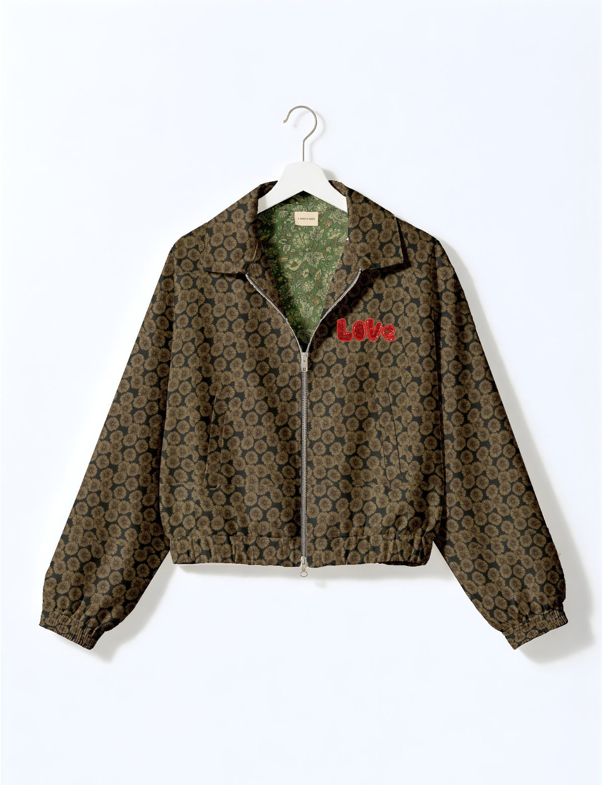 Love Bomber Jacket made from recycled fabric, featuring hand-stitched Aari embroidery. A unique piece of zero-waste clothing, part of the circular fashion movement. Designed with upcycled materials for a stylish yet environmentally friendly clothing choice.