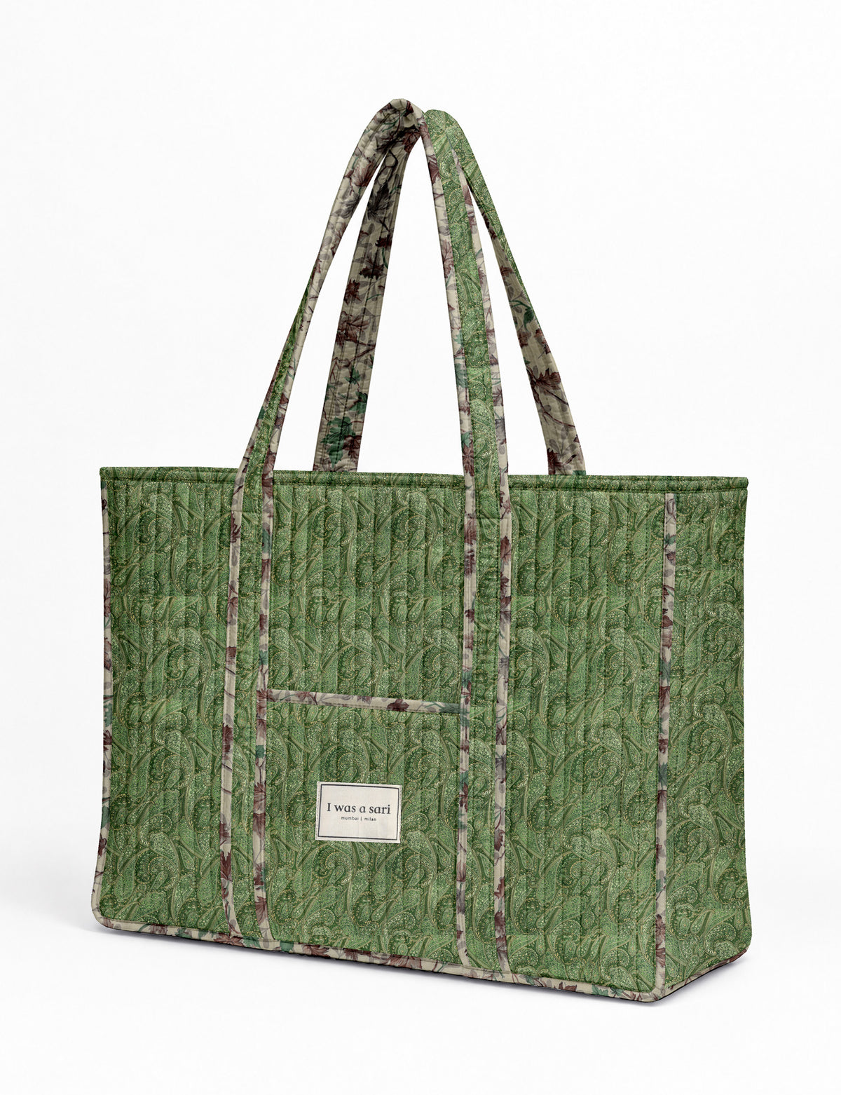 Quilted work tote bag with structured rectangular design and long shoulder straps, representing slow fashion and ethical clothing ideals, made as part of upcycled women's clothing and sustainable women's clothing using recycled fashion and earth friendly clothing practices.