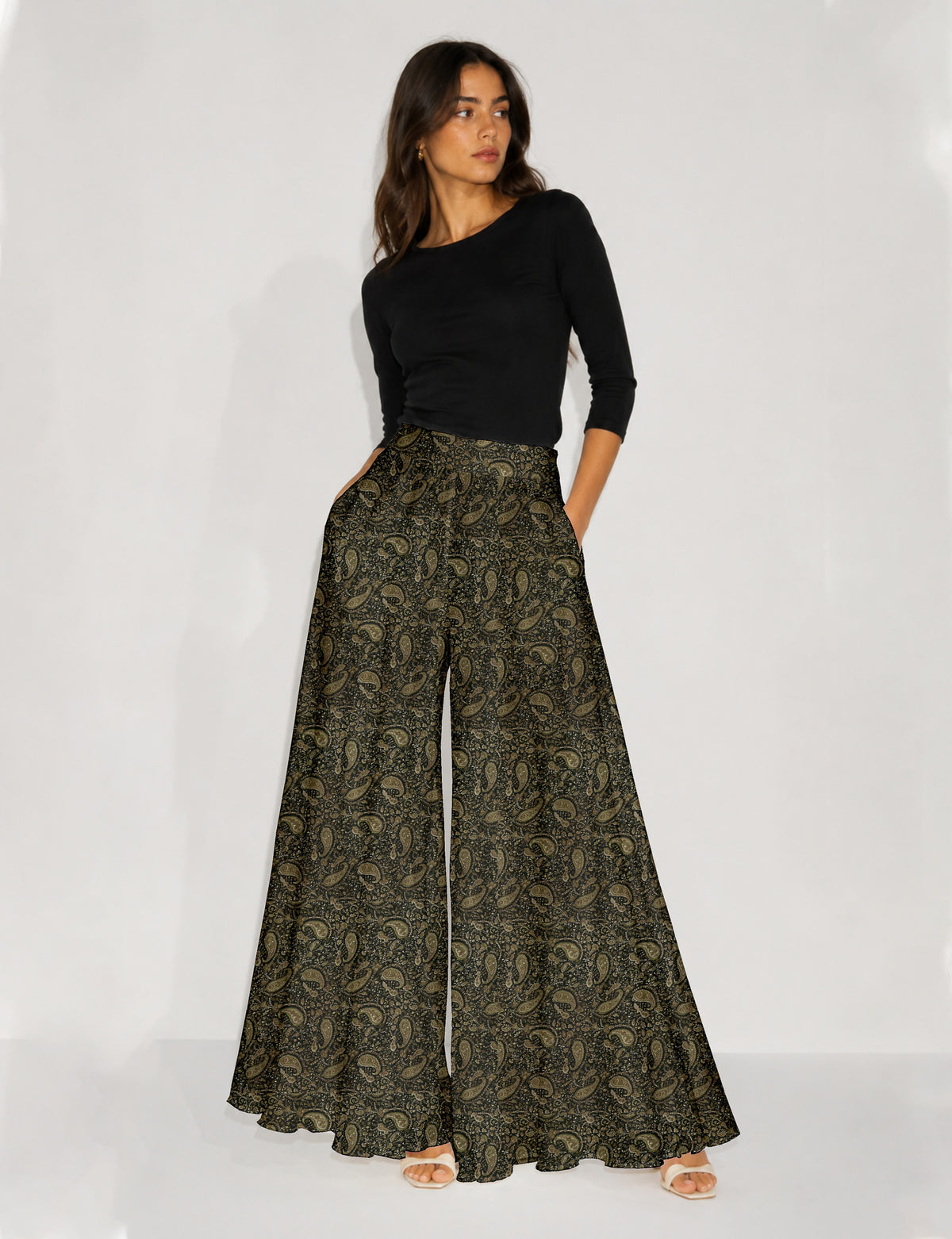 Wide Leg Palazzo Trousers - Green Paisley