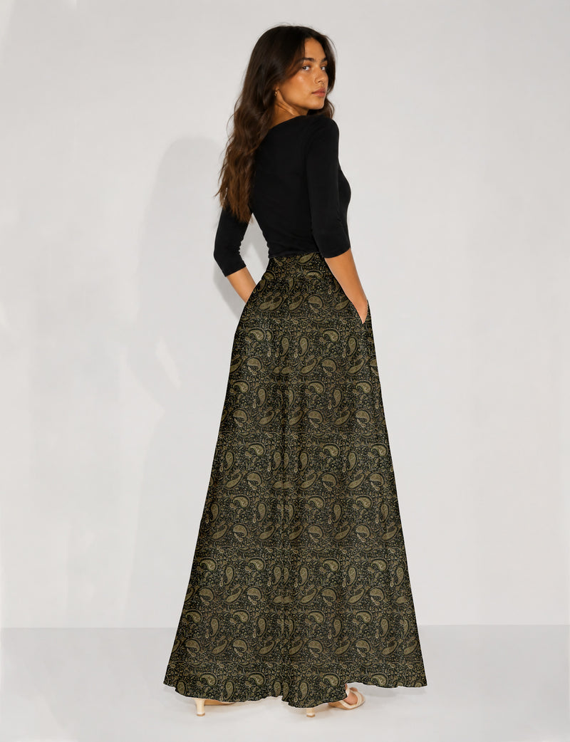 Wide Leg Palazzo Trousers - Green Paisley