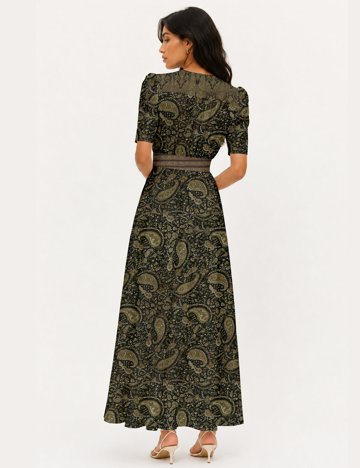 Maxi romantic dress - Green Paisley