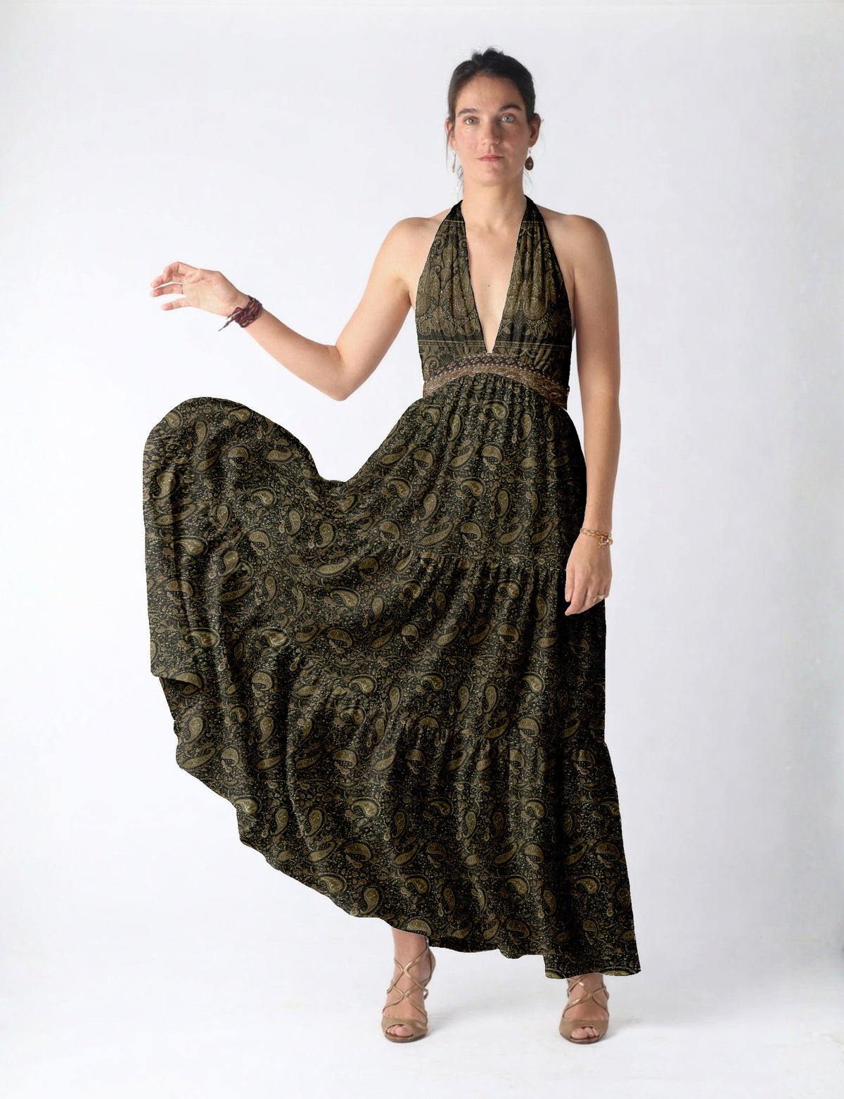 Maxi tiered dress by I was a Sari with halter neckline and flowy silhouette