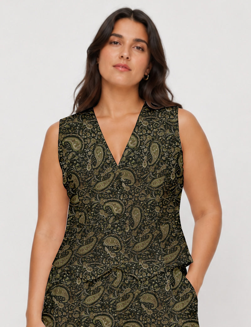 Women's fitted waistcoat with V-neck, single-breasted button closure, tailored silhouette, and pointed hem in sustainable fashion.