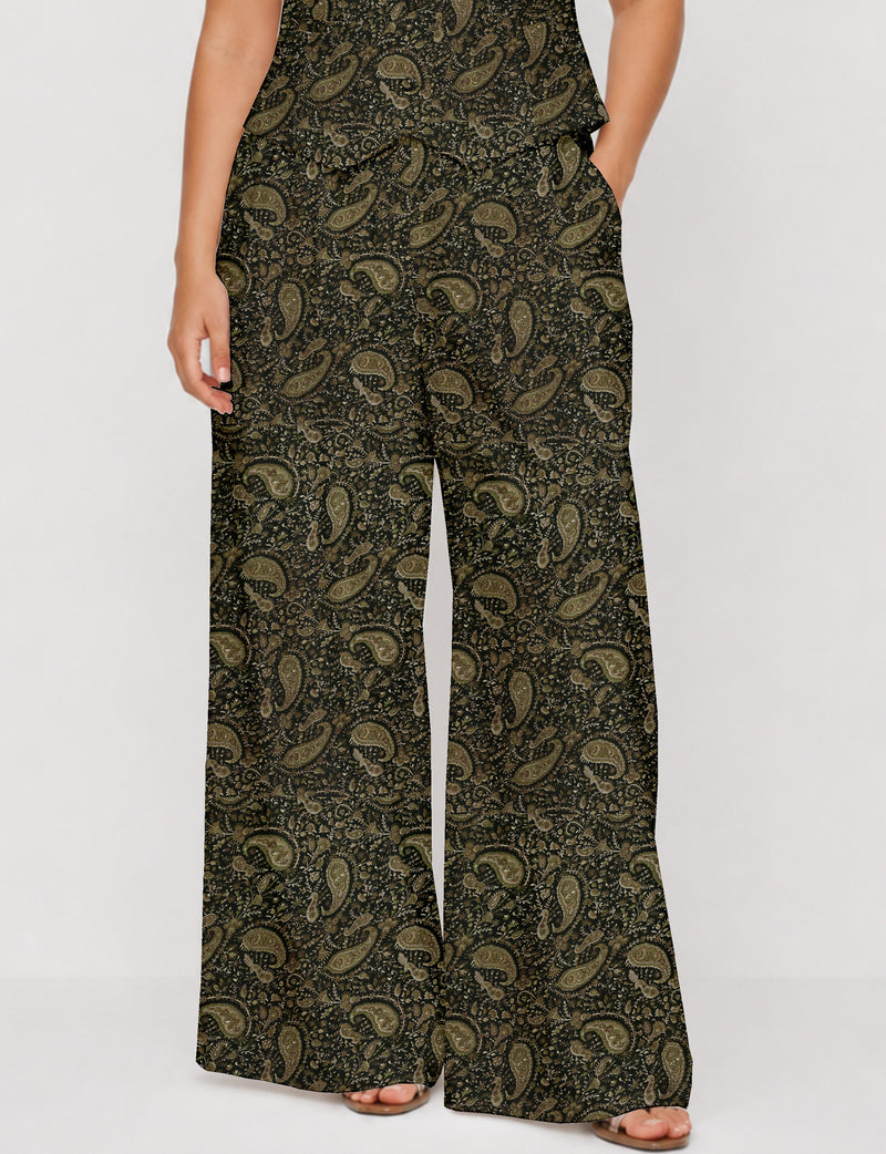 Wide leg pleated trouser - Green Paisley