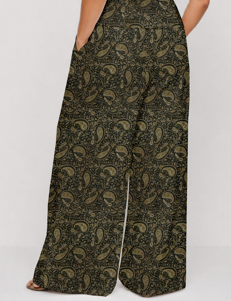Wide leg pleated trouser - Green Paisley
