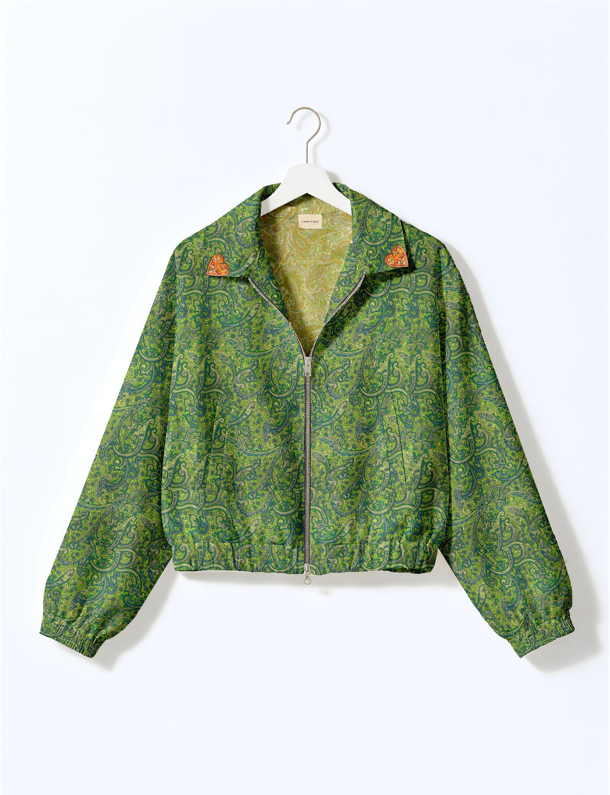Love Bomber Jacket made from recycled fabric, featuring hand-stitched Aari embroidery. A unique piece of zero-waste clothing, part of the circular fashion movement. Designed with upcycled materials for a stylish yet environmentally friendly clothing choice.