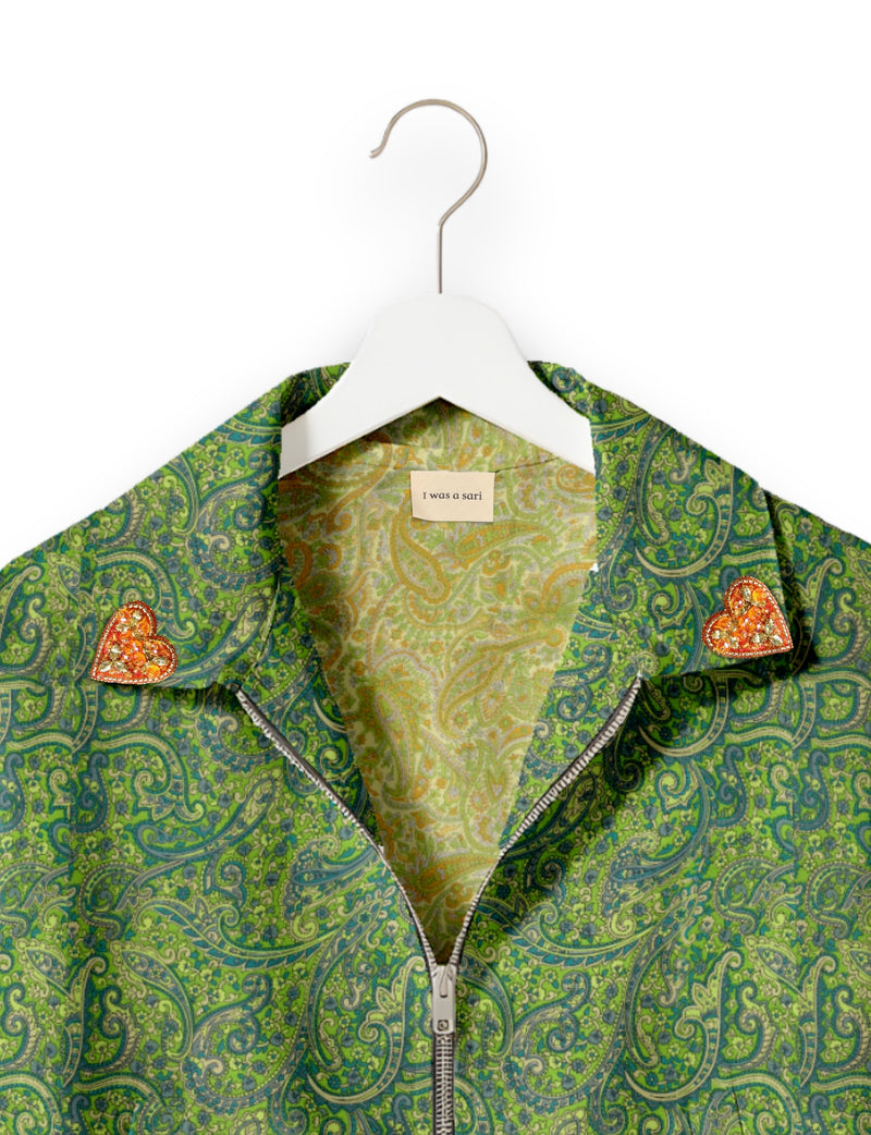 Love Bomber Jacket made from recycled fabric, featuring hand-stitched Aari embroidery. A unique piece of zero-waste clothing, part of the circular fashion movement. Designed with upcycled materials for a stylish yet environmentally friendly clothing choice.