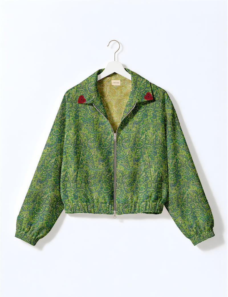 Love Bomber Jacket made from recycled fabric, featuring hand-stitched Aari embroidery. A unique piece of zero-waste clothing, part of the circular fashion movement. Designed with upcycled materials for a stylish yet environmentally friendly clothing choice.
