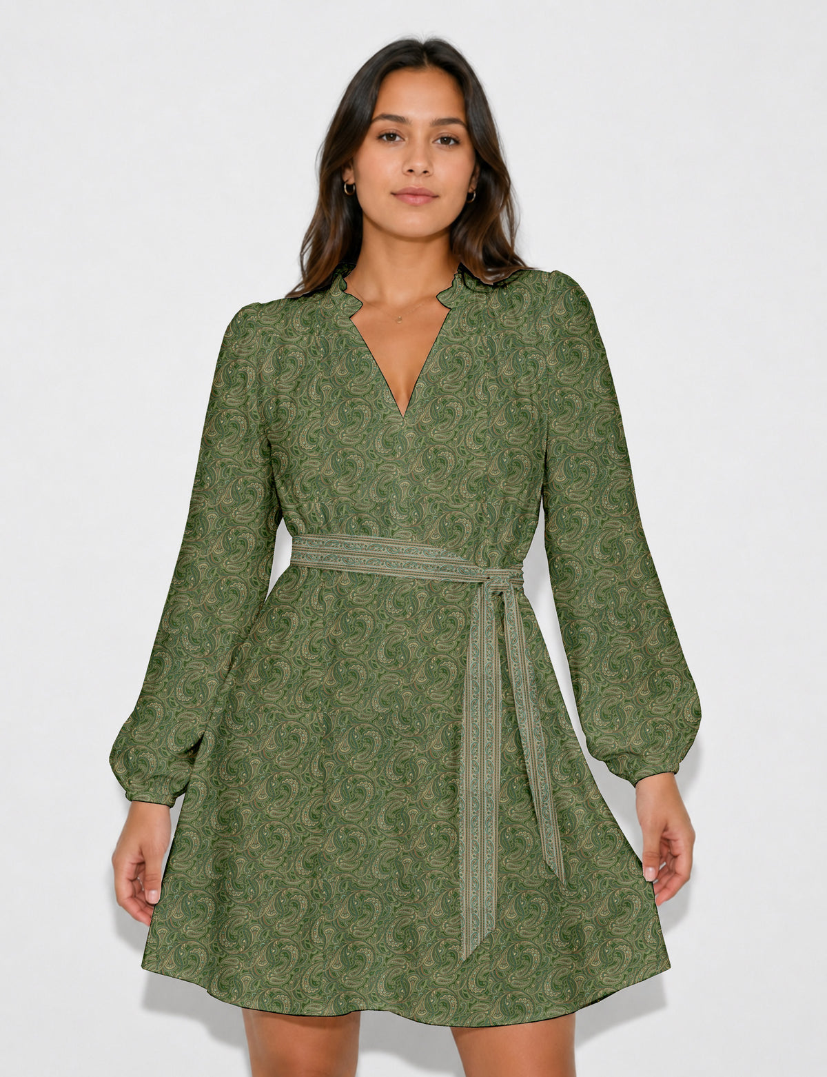 Swing dress with belt - Yellow Floral - Green Paisley