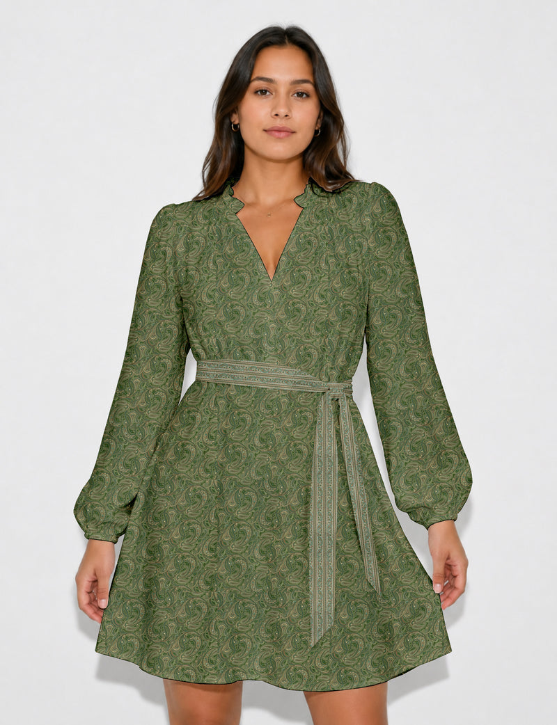 Swingkleid mit Gürtel - Gelb mit Blumenmuster - Grün Paisley